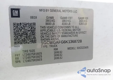 2019 Chevrolet Express G2500 from USA, damaged, VIN 1GCWGAFG6K1368728